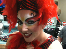 Amie Bjorklund in theatrical costume and makeup